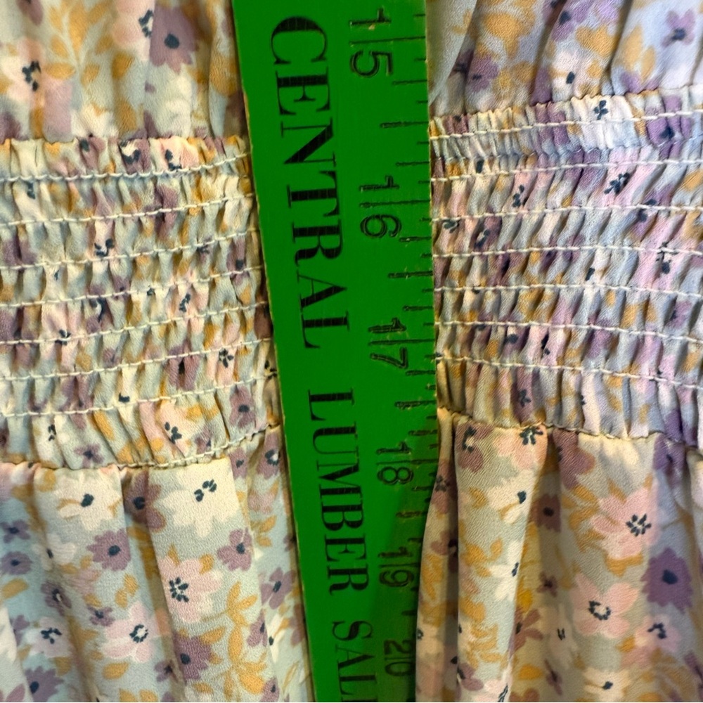 By The River Floral Pastel Mini Dress with Smocking and Ruffle Accents sz L - Picture 11 of 12